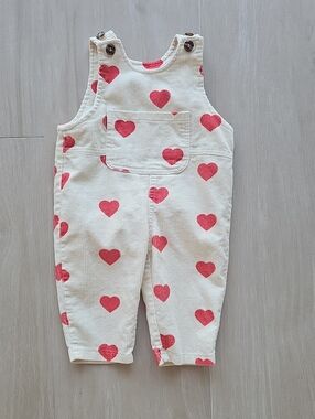 Cream Corduroy Overalls with Red Heart Print - Kids Bottoms